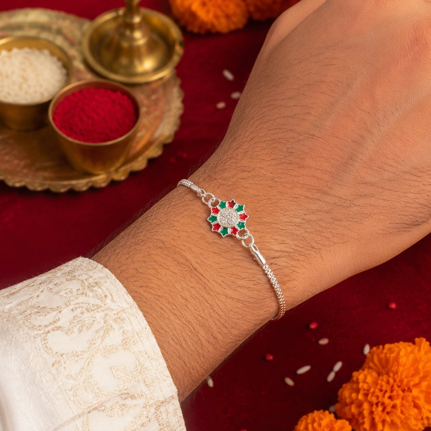 Floral Design Meenakari Stone-Studded Designer Chain Rakhi for Brother