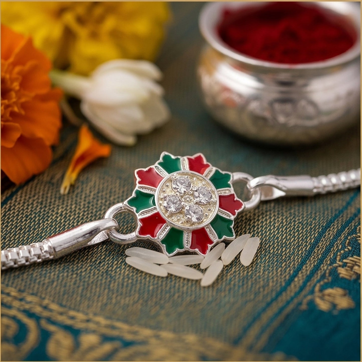 Floral Design Meenakari Stone-Studded Designer Chain Rakhi for Brother