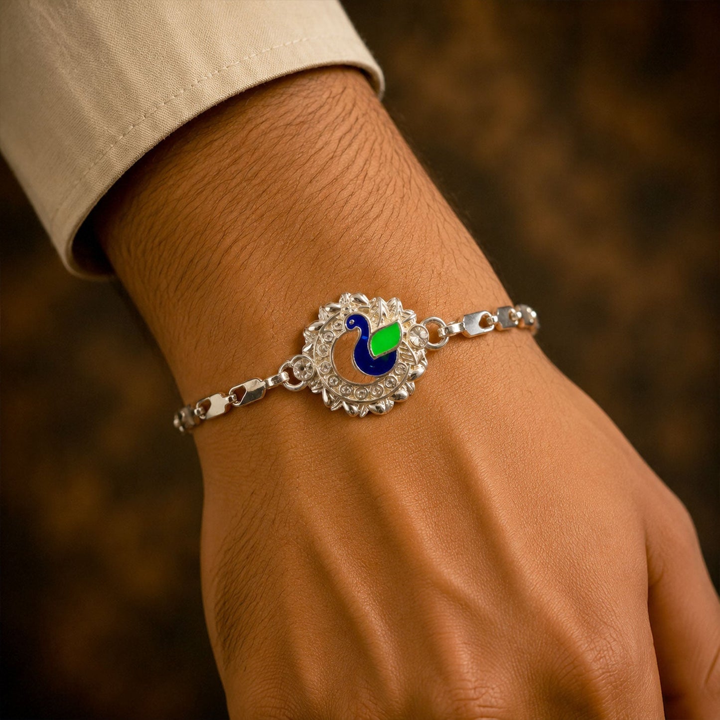 Peacock Design Meenakari Stone-Studded Chain Rakhi for Brother