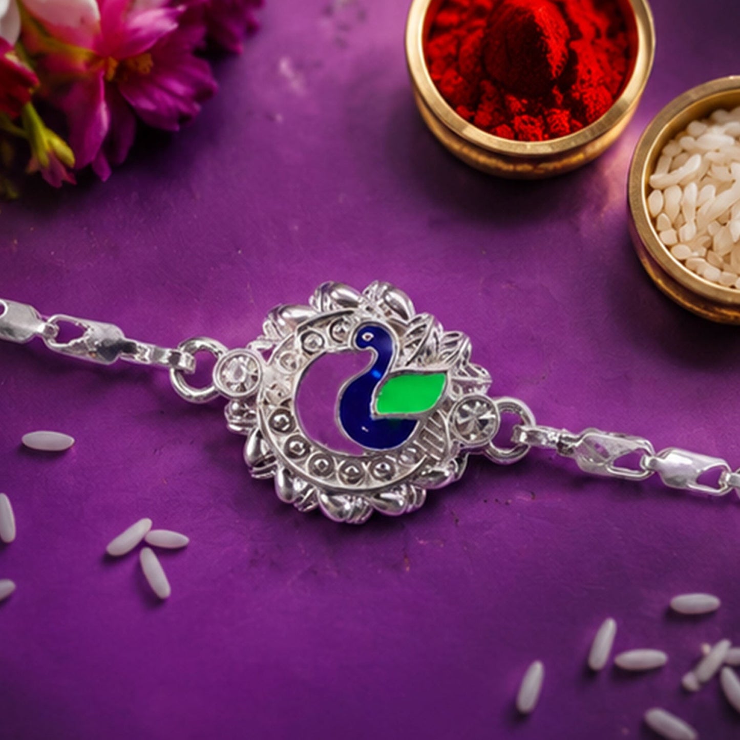 Peacock Design Meenakari Stone-Studded Chain Rakhi for Brother