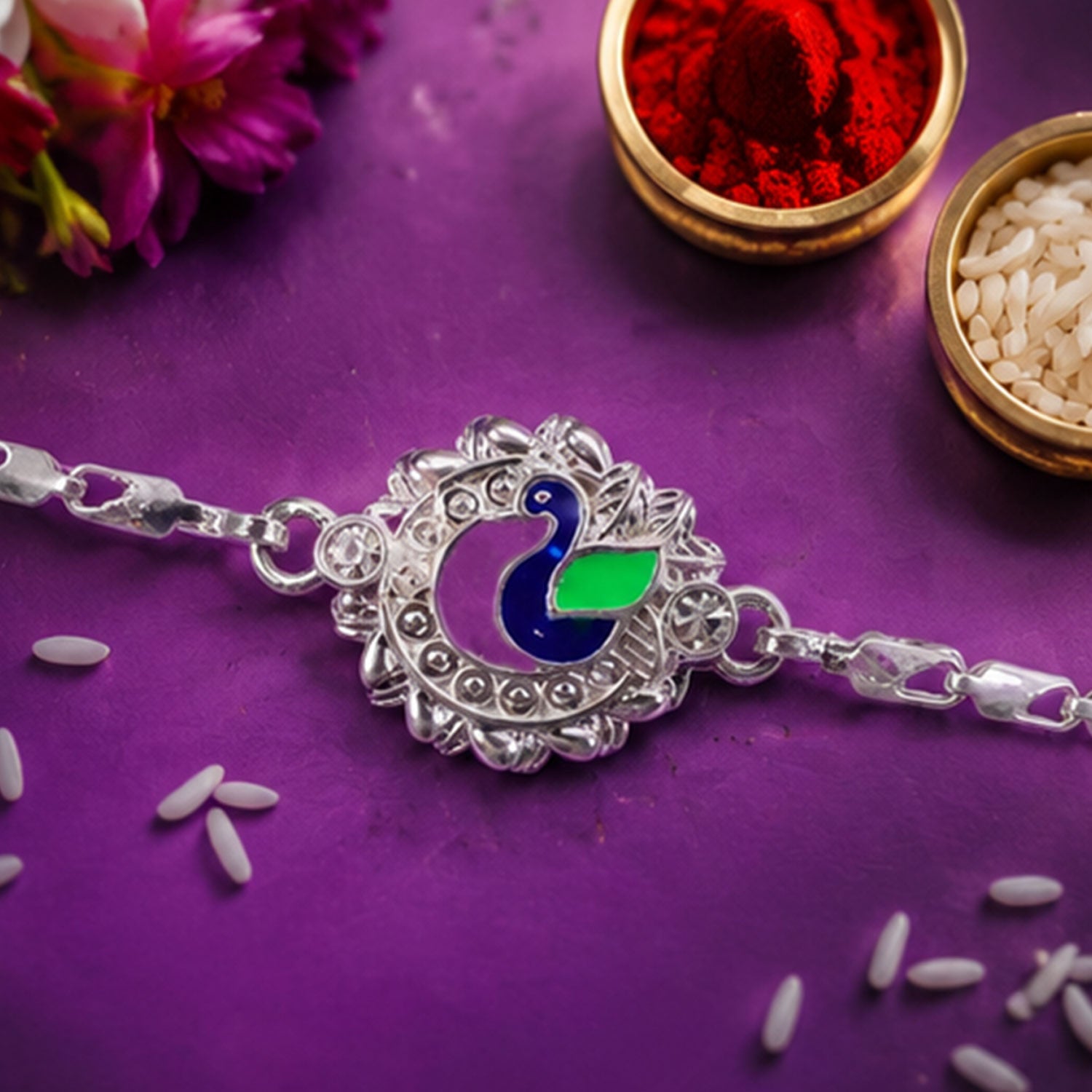 Peacock Design Meenakari Stone-Studded Chain Rakhi for Brother