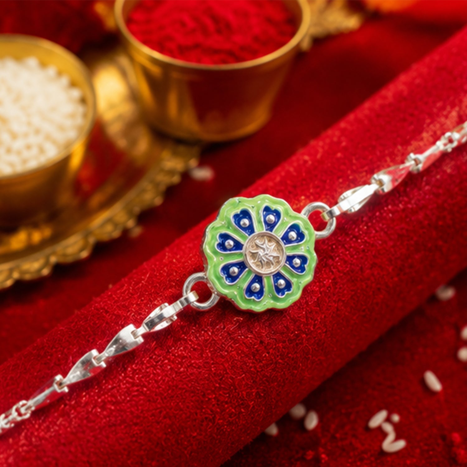 Round Floral Meenakari Stone Studded Chain Rakhi for Brother