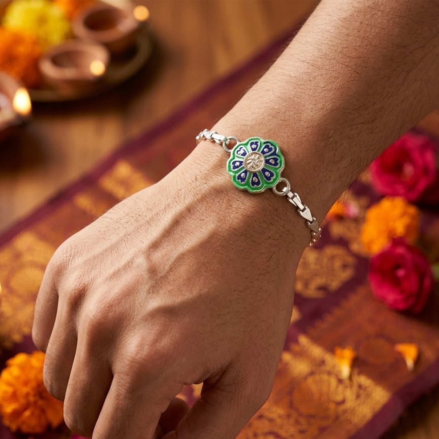 Round Floral Meenakari Stone Studded Chain Rakhi for Brother