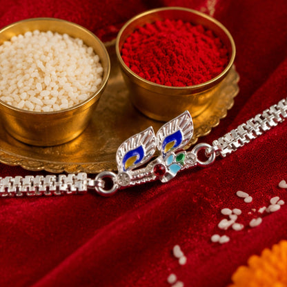 Twin Leaf Peacock Meenakari Enamel Chain Rakhi for Brother