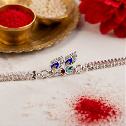 Twin Leaf Peacock Meenakari Enamel Chain Rakhi for Brother