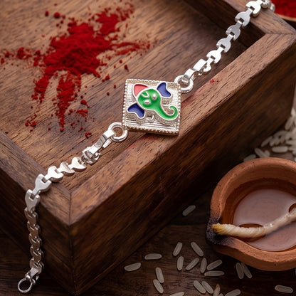 Lord Ganesha Square Meenakari Enamel Chain Rakhi for Brother