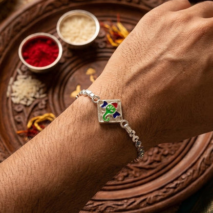 Lord Ganesha Square Meenakari Enamel Chain Rakhi for Brother