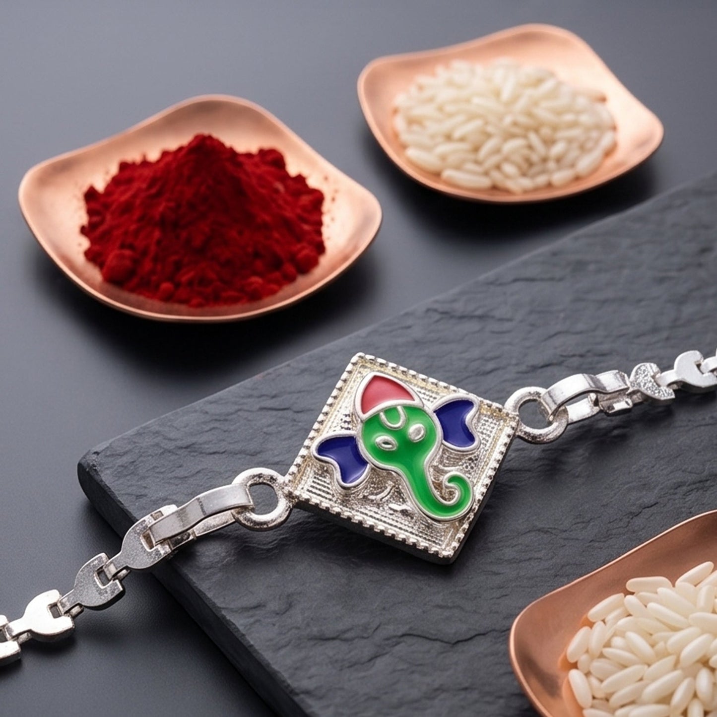 Lord Ganesha Square Meenakari Enamel Chain Rakhi for Brother