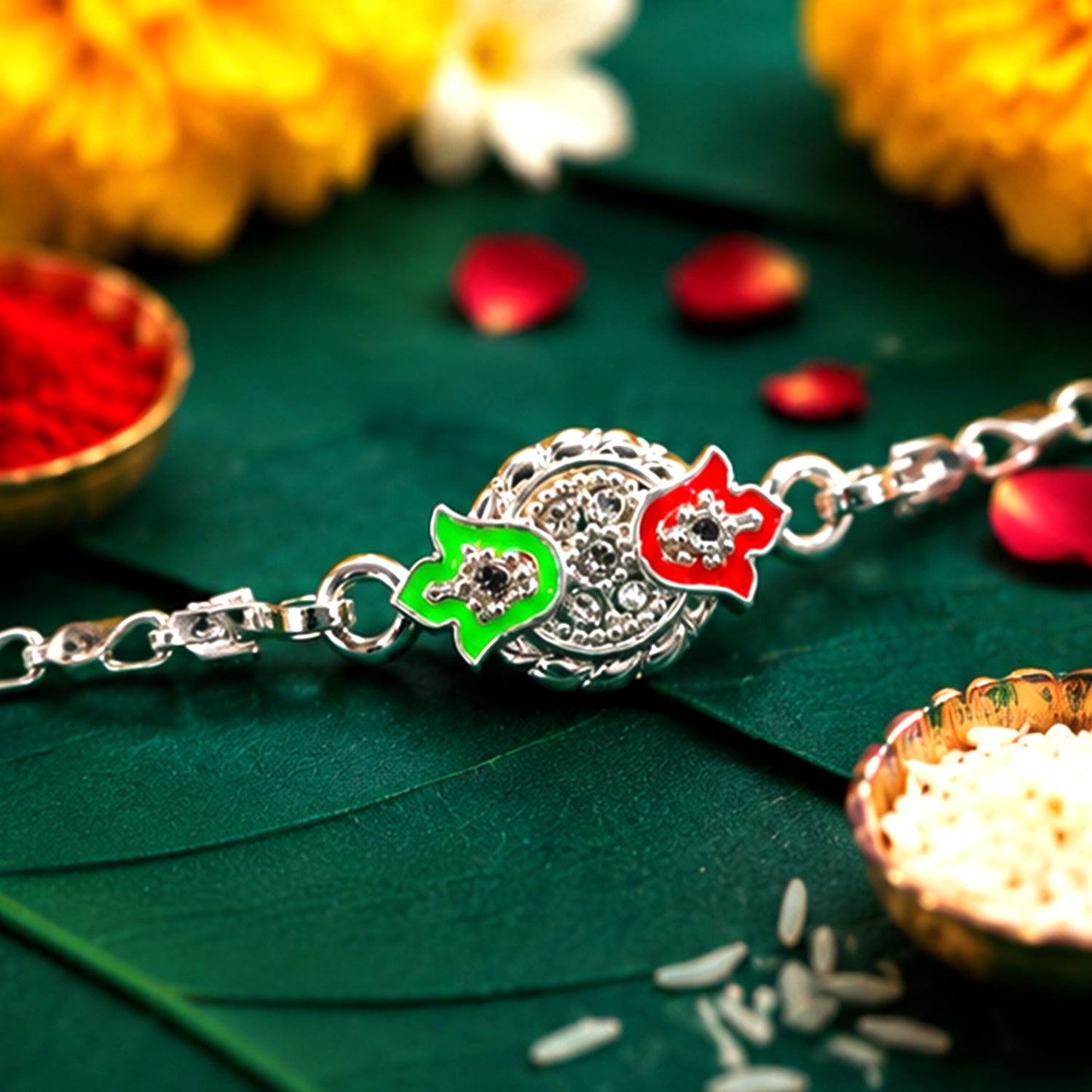 Round Leaf Meenakari Stone Studded Designer Chain Rakhi for Brother