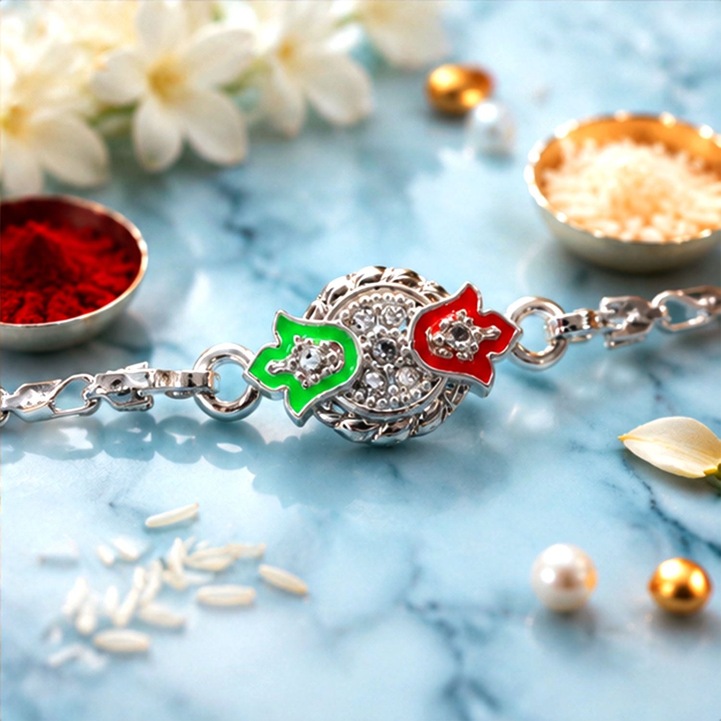 Round Leaf Meenakari Stone Studded Designer Chain Rakhi for Brother