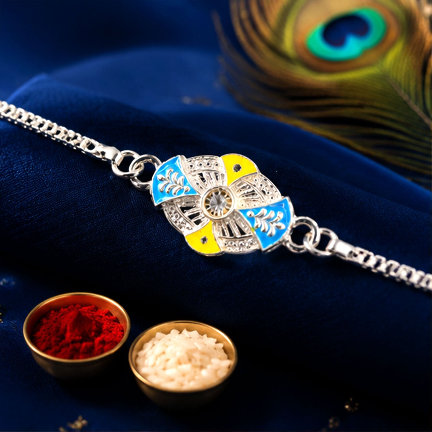 Oval Floral Meenakari Stone-Studded Designer Chain Rakhi for Brother