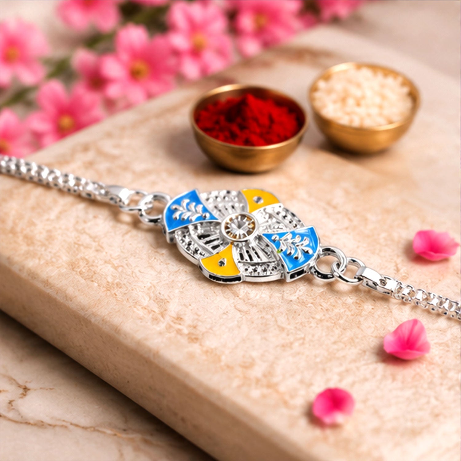 Oval Floral Meenakari Stone-Studded Designer Chain Rakhi for Brother