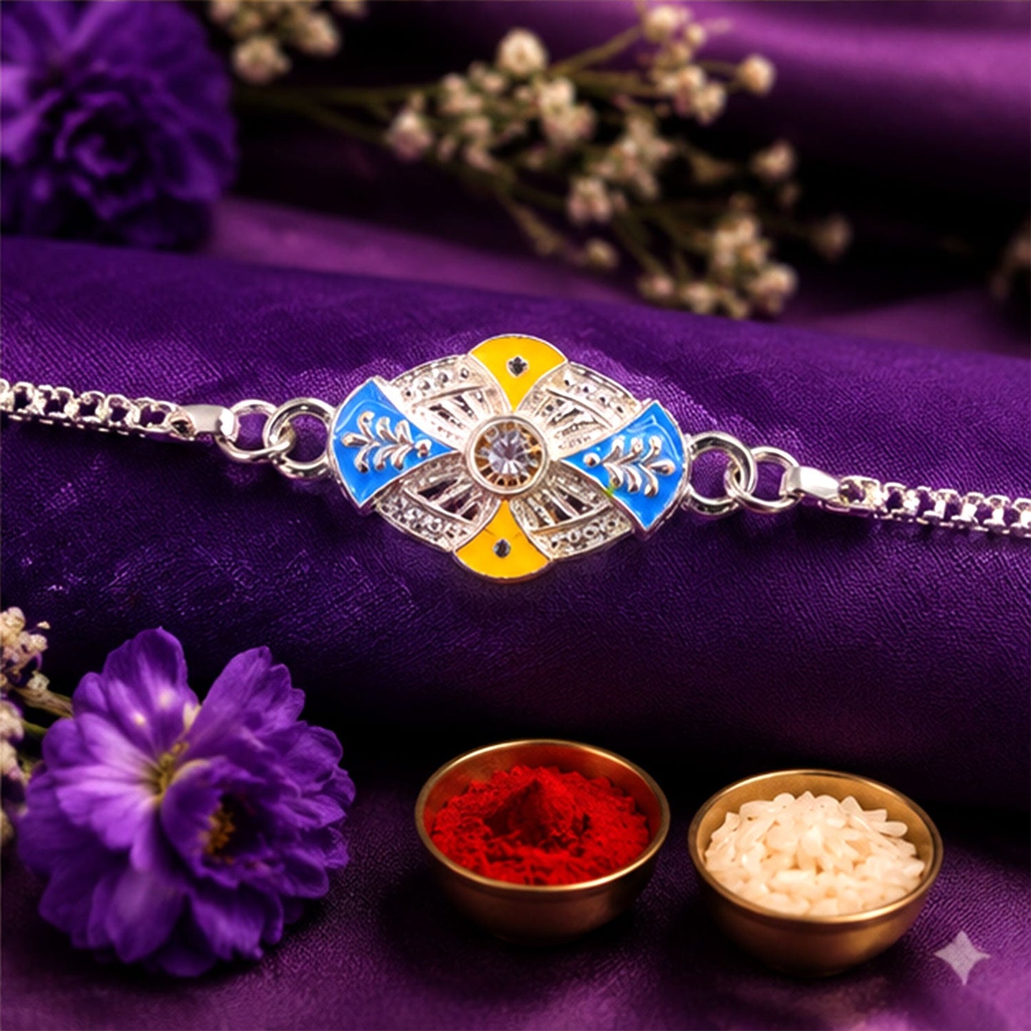 Oval Floral Meenakari Stone-Studded Designer Chain Rakhi for Brother