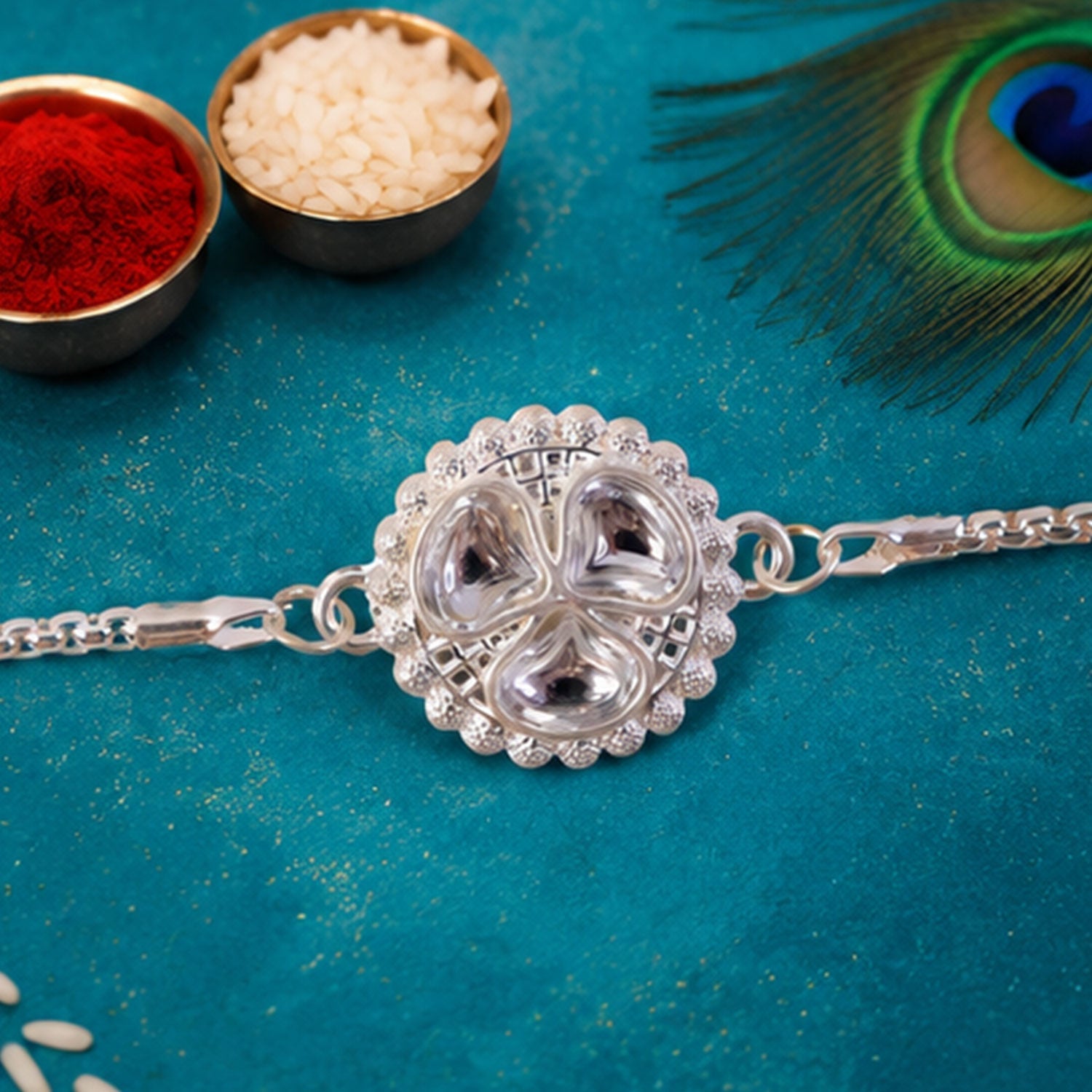 Round Kundan Clover Stone Studded Designer Chain Rakhi for Brother