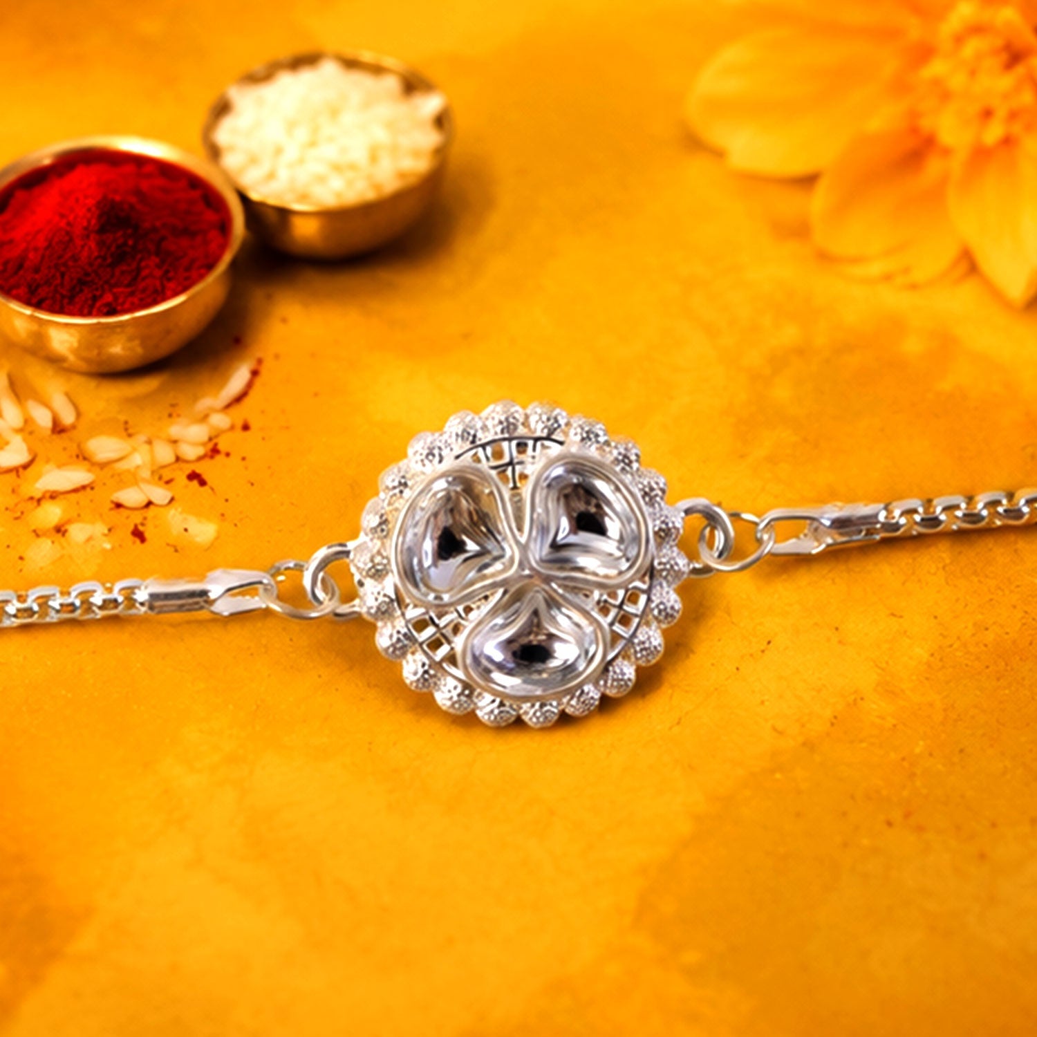 Round Kundan Clover Stone Studded Designer Chain Rakhi for Brother