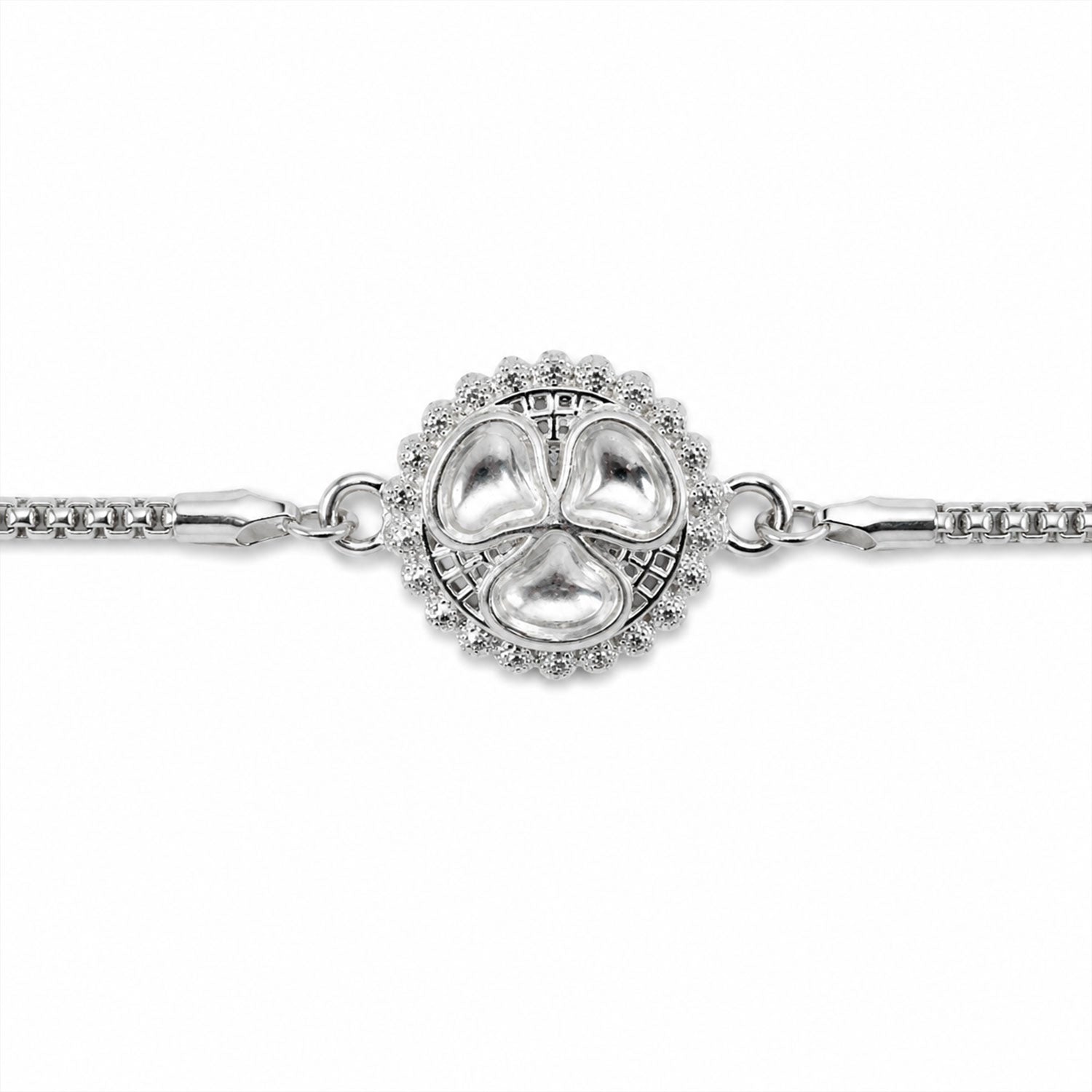 Round Kundan Clover Stone Studded Designer Chain Rakhi for Brother