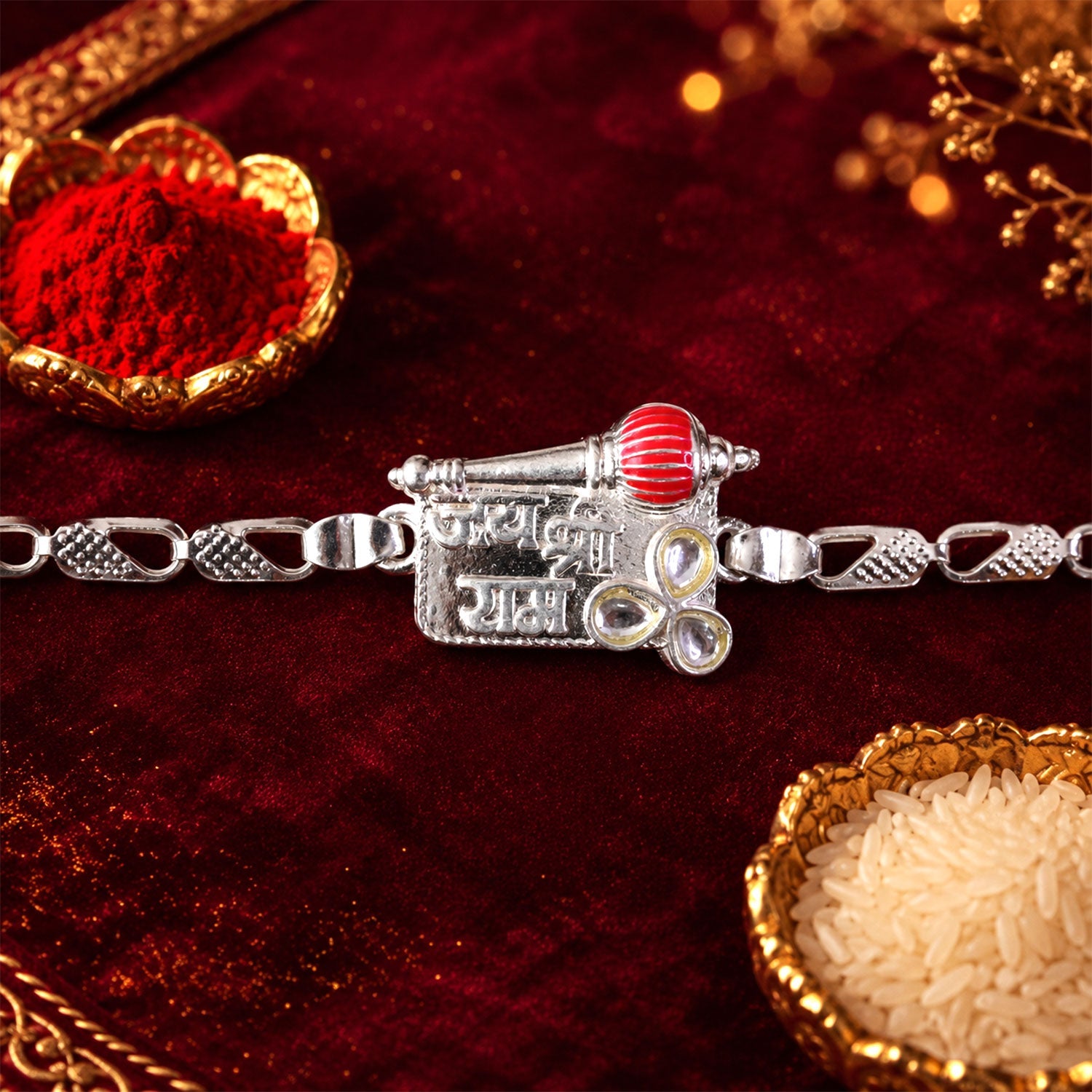 Jai Shree Ram Religious Kundan Stone Chain Rakhi for Brother