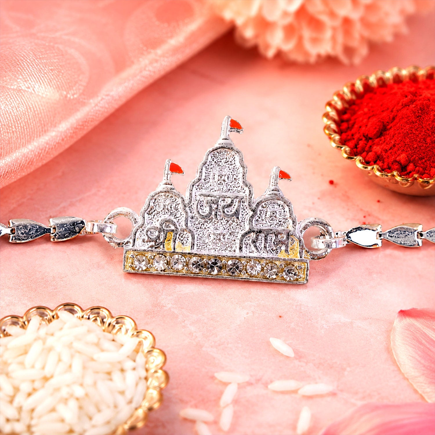 Shree Ram Mandir Temple Design Stone-Studded Chain Rakhi for Brother