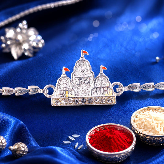 Shree Ram Mandir Temple Design Stone-Studded Chain Rakhi for Brother