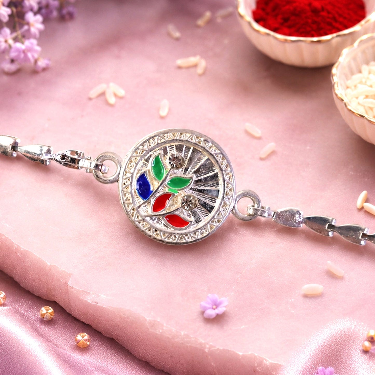 Round Floral Leaf Meenakari Stone Studded Chain Rakhi for Brother