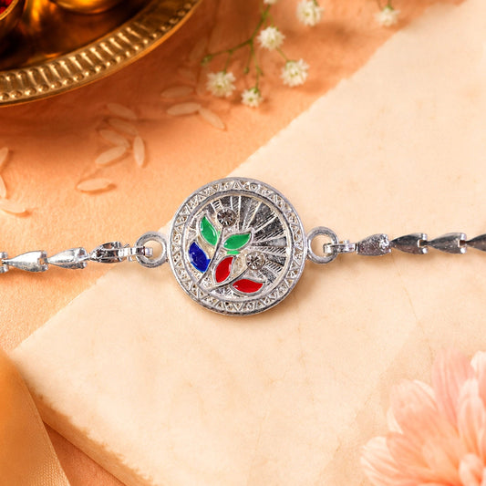 Round Floral Leaf Meenakari Stone Studded Chain Rakhi for Brother
