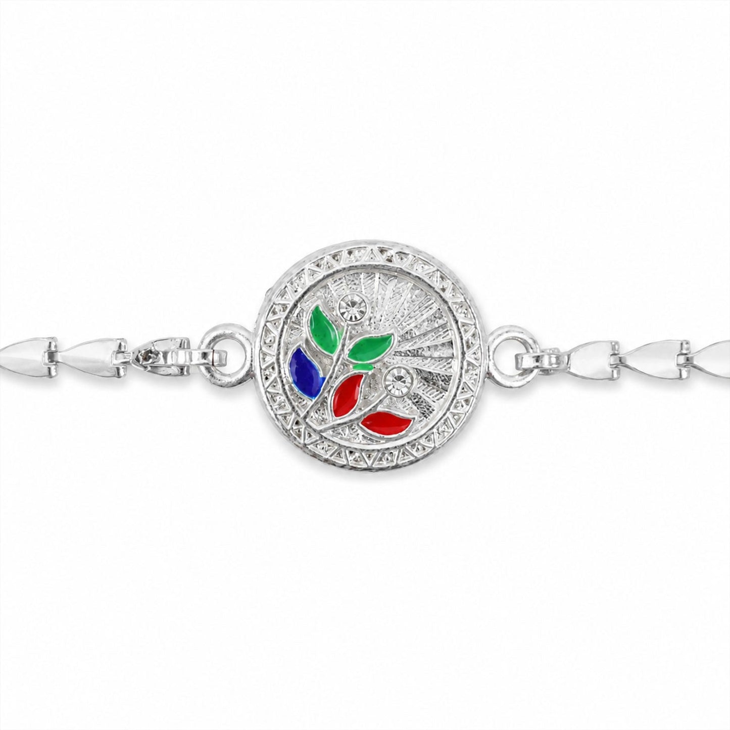 Round Floral Leaf Meenakari Stone Studded Chain Rakhi for Brother