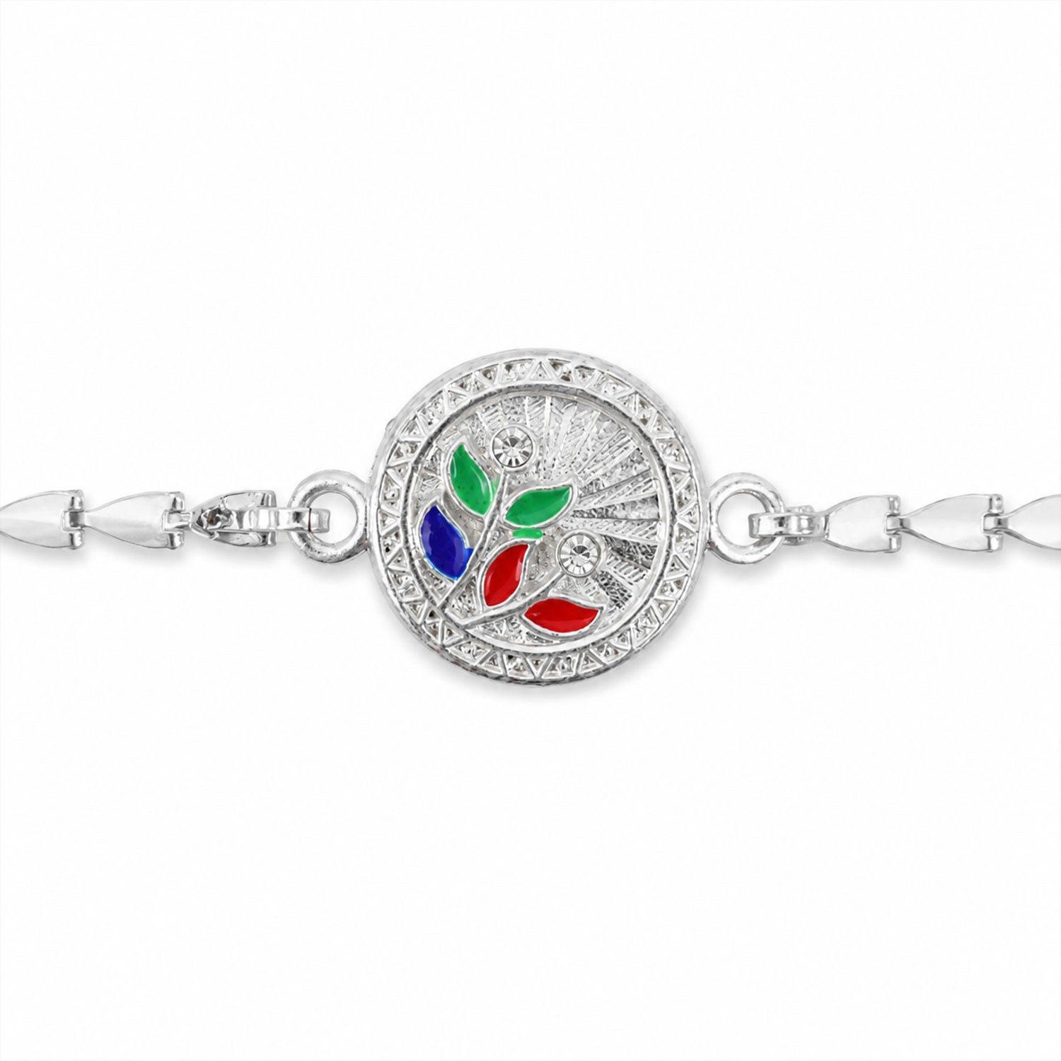 Round Floral Leaf Meenakari Stone Studded Chain Rakhi for Brother
