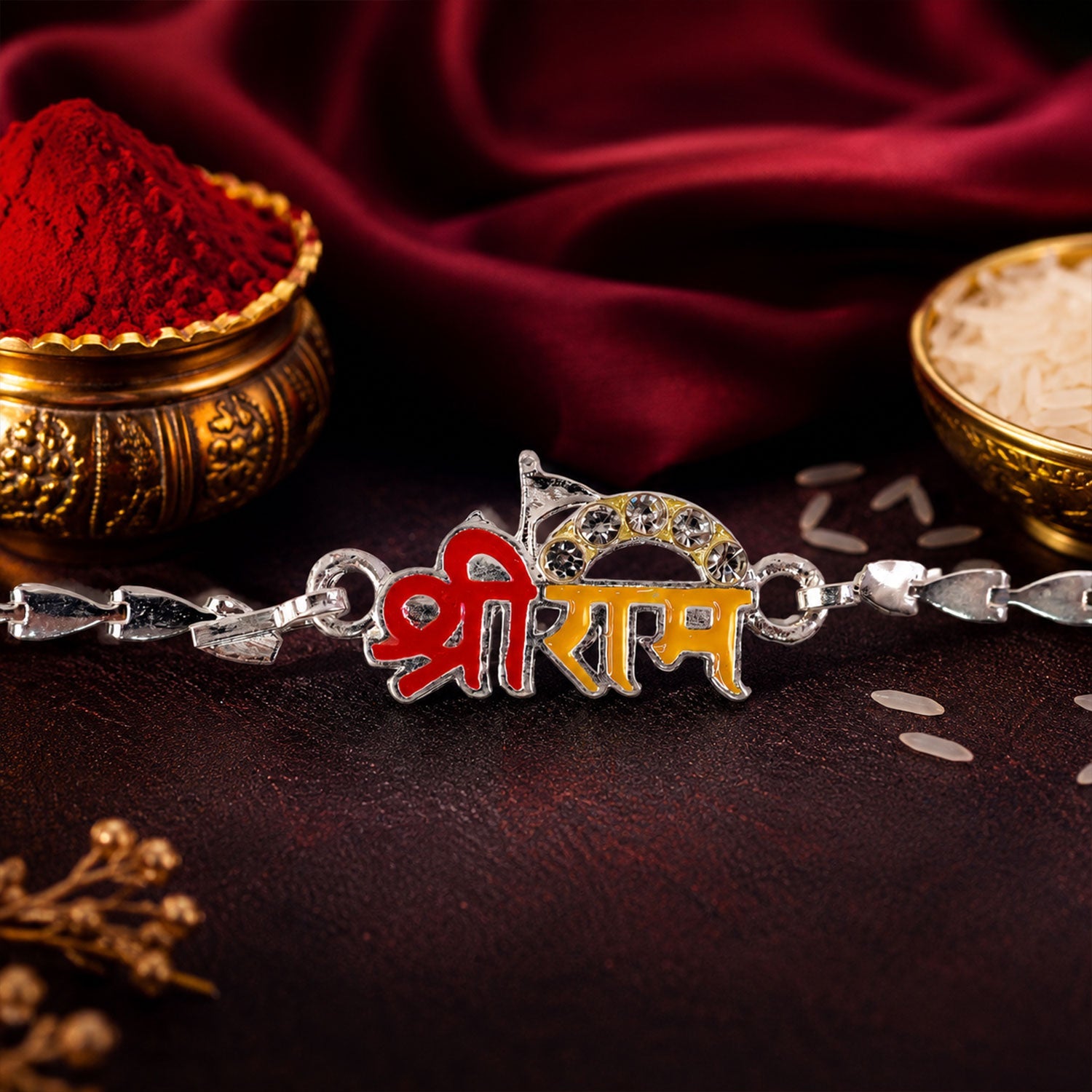 Shri Ram Text Meenakari Designer Chain Rakhi for Brother