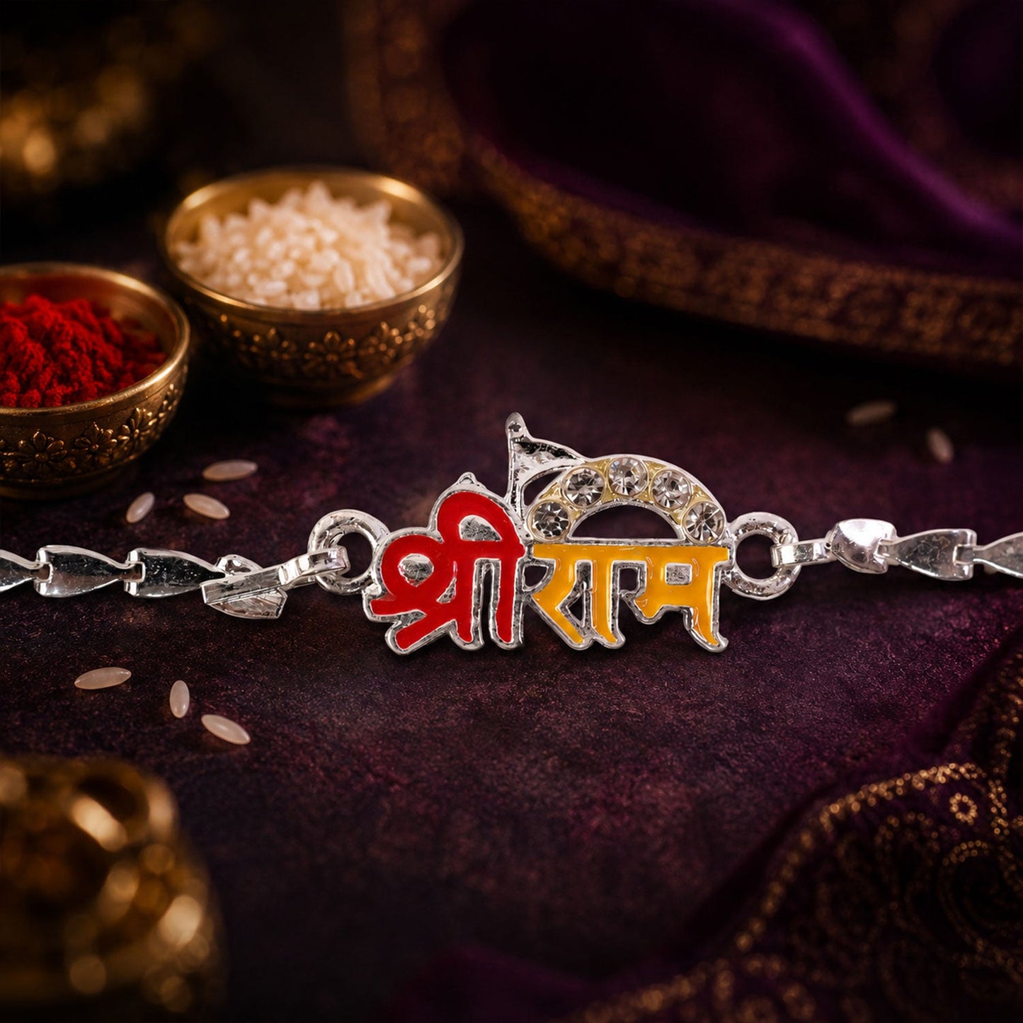 Shri Ram Text Meenakari Designer Chain Rakhi for Brother