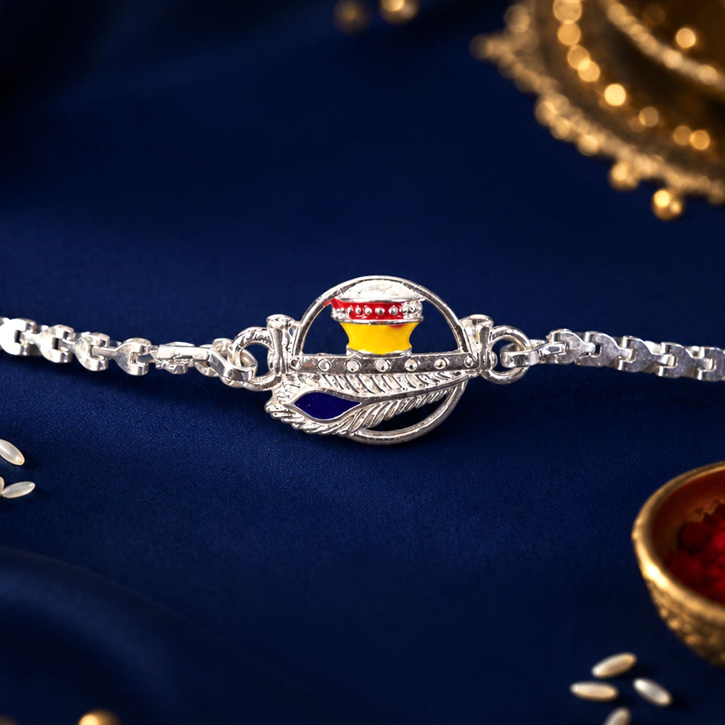 Krishna Morpankh Makhan Matki Designer Chain Rakhi for Brother