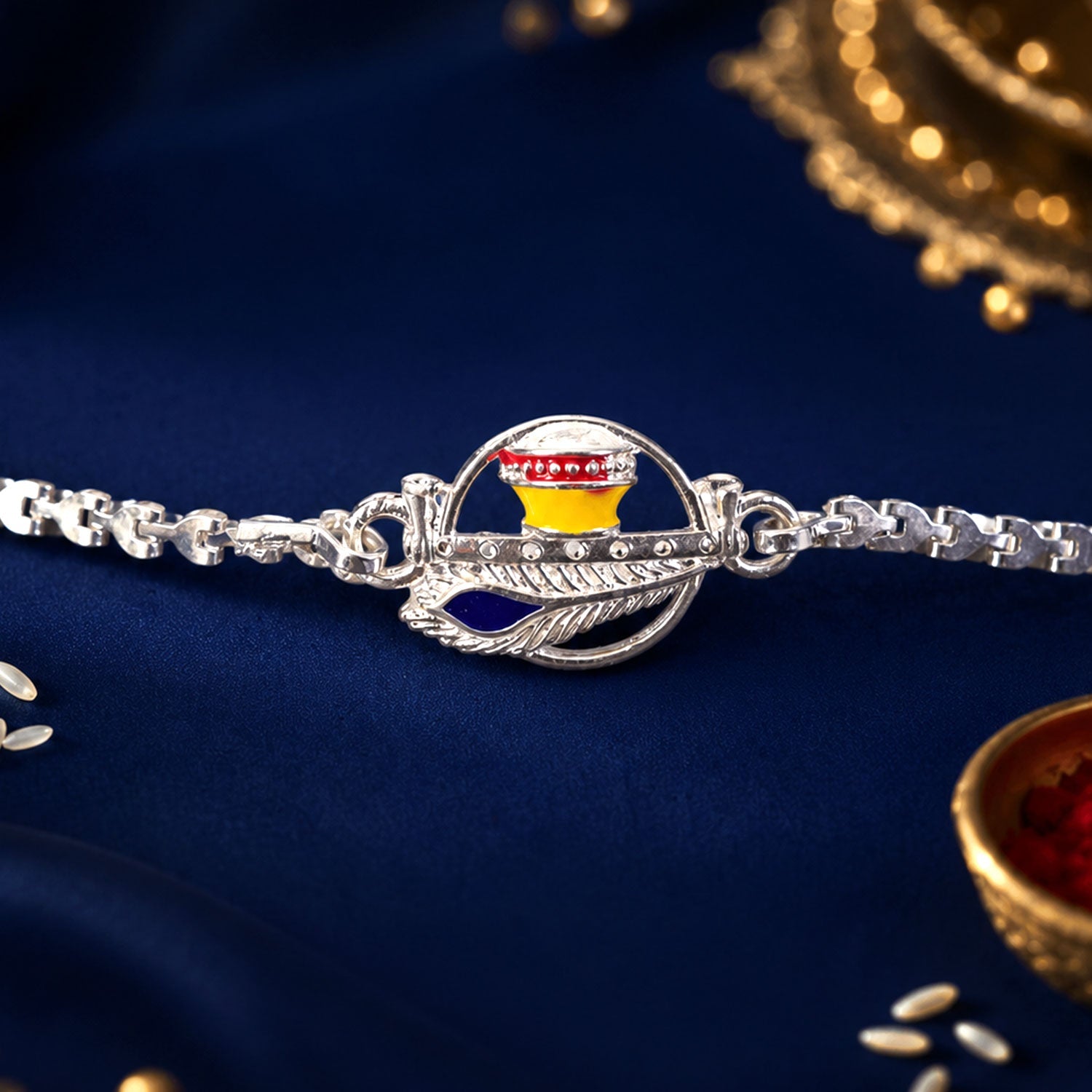 Krishna Morpankh Makhan Matki Designer Chain Rakhi for Brother