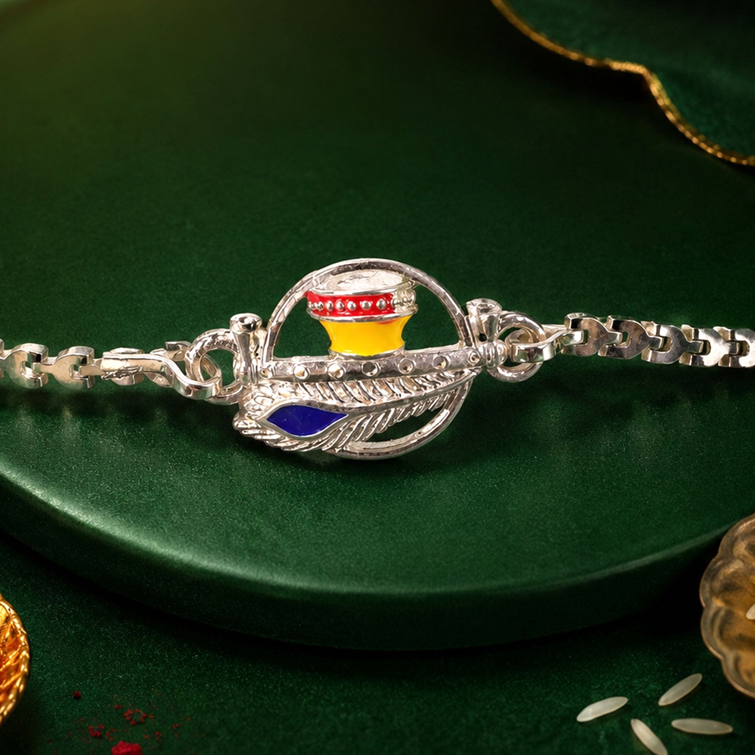 Krishna Morpankh Makhan Matki Designer Chain Rakhi for Brother