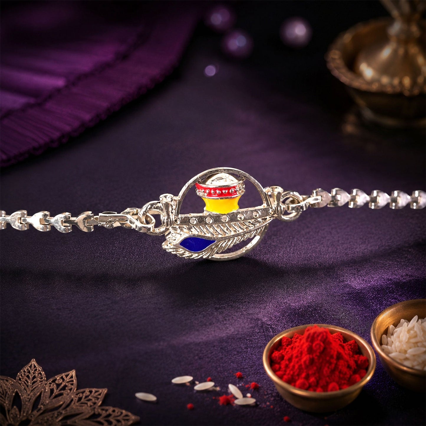 Krishna Morpankh Makhan Matki Designer Chain Rakhi for Brother