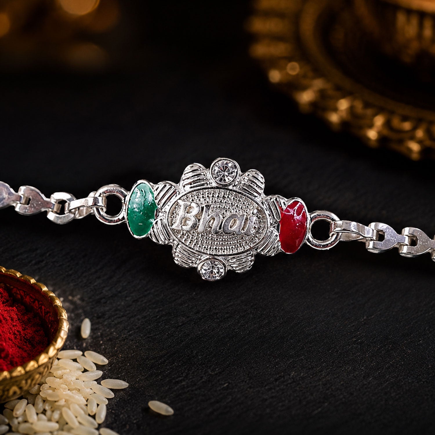 Bhai Written Oval Meenakari Stone-Studded Chain Rakhi for Brother