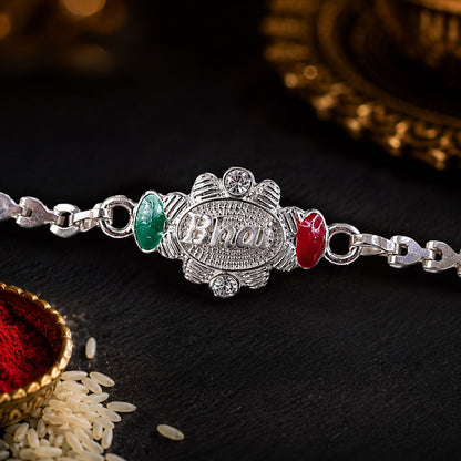 Bhai Written Oval Meenakari Stone-Studded Chain Rakhi for Brother