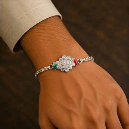 Bhai Written Oval Meenakari Stone-Studded Chain Rakhi for Brother