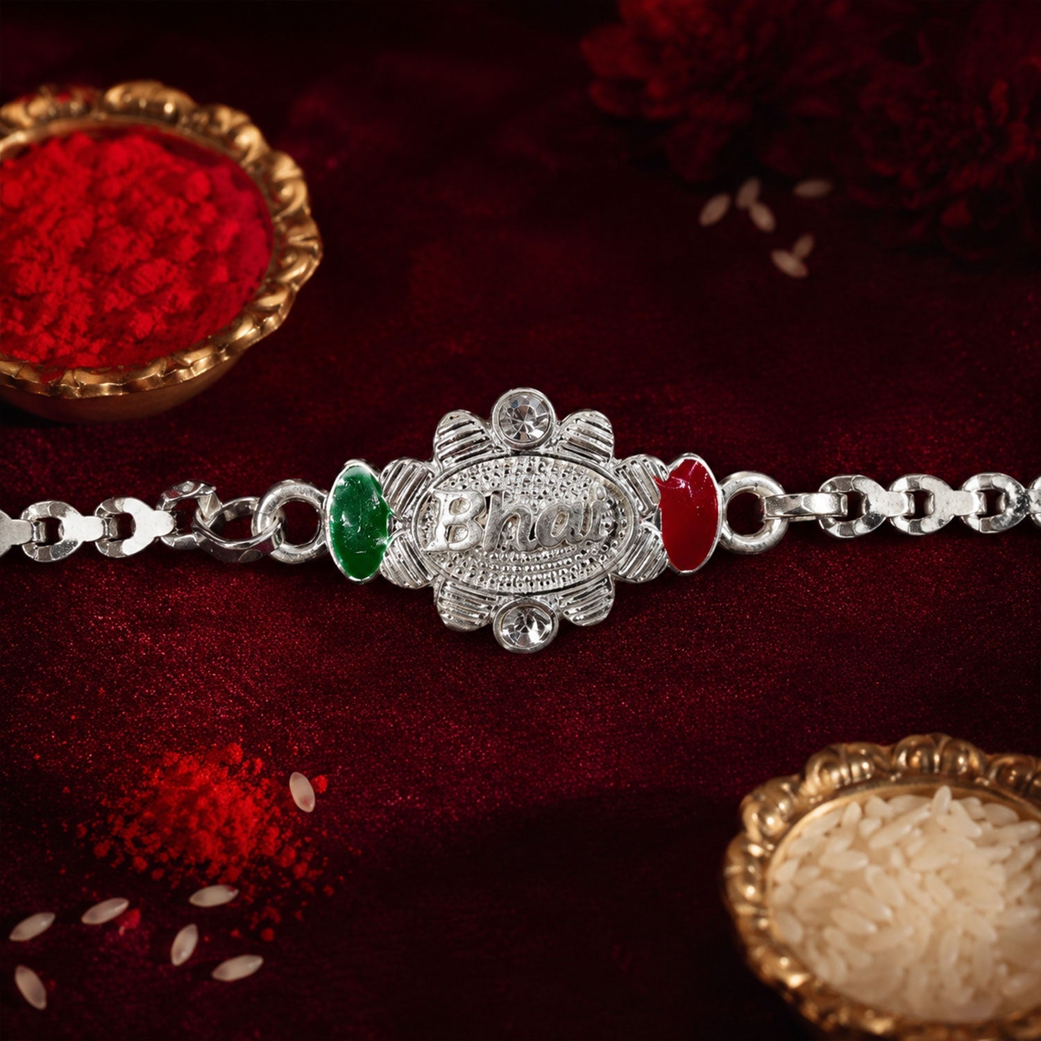 Bhai Written Oval Meenakari Stone-Studded Chain Rakhi for Brother