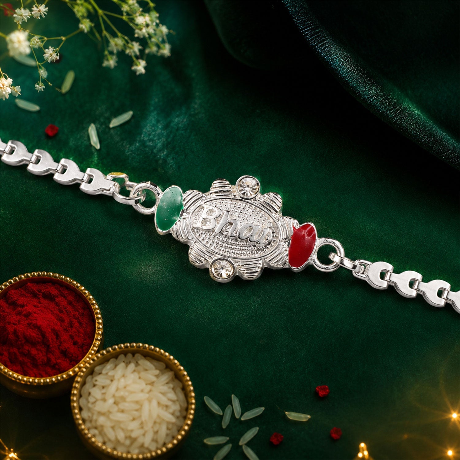 Bhai Written Oval Meenakari Stone-Studded Chain Rakhi for Brother