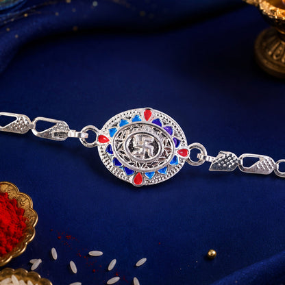 Divine Swastik Round Meenakari Stone-Studded Chain Rakhi for Brother