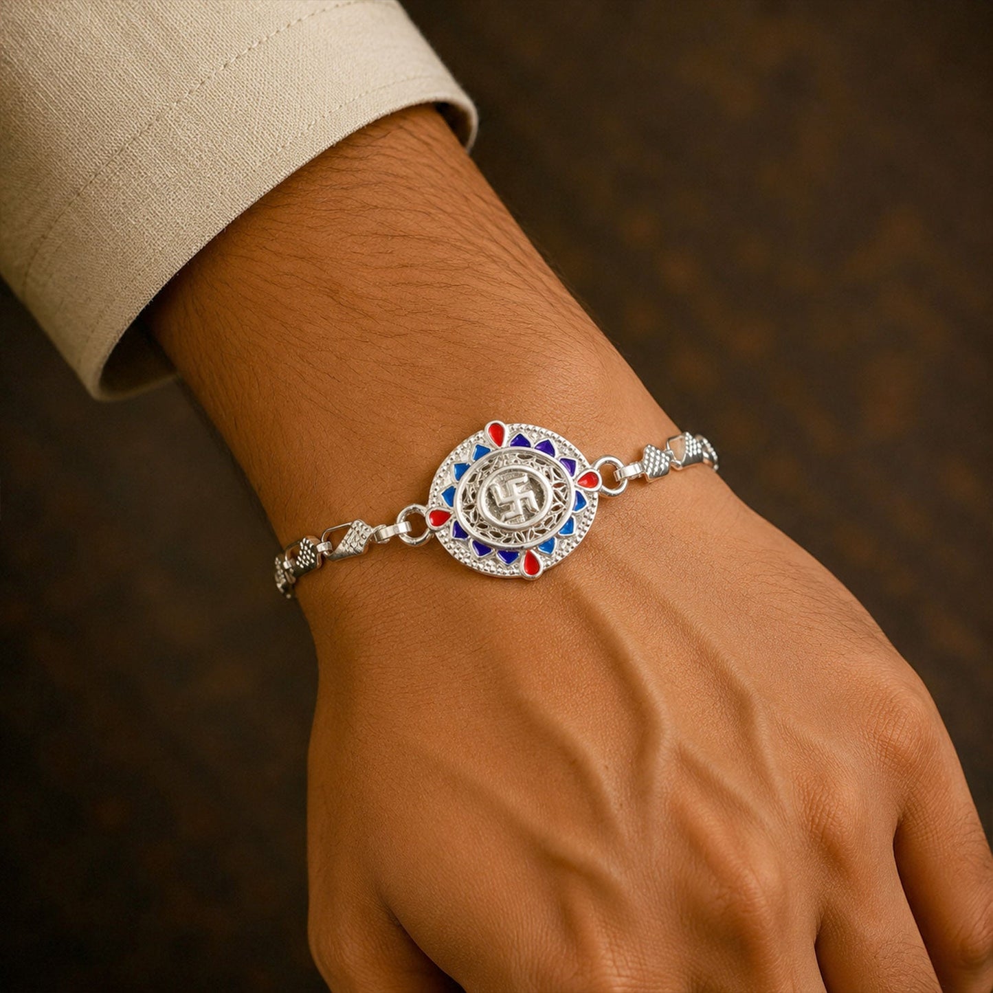 Divine Swastik Round Meenakari Stone-Studded Chain Rakhi for Brother