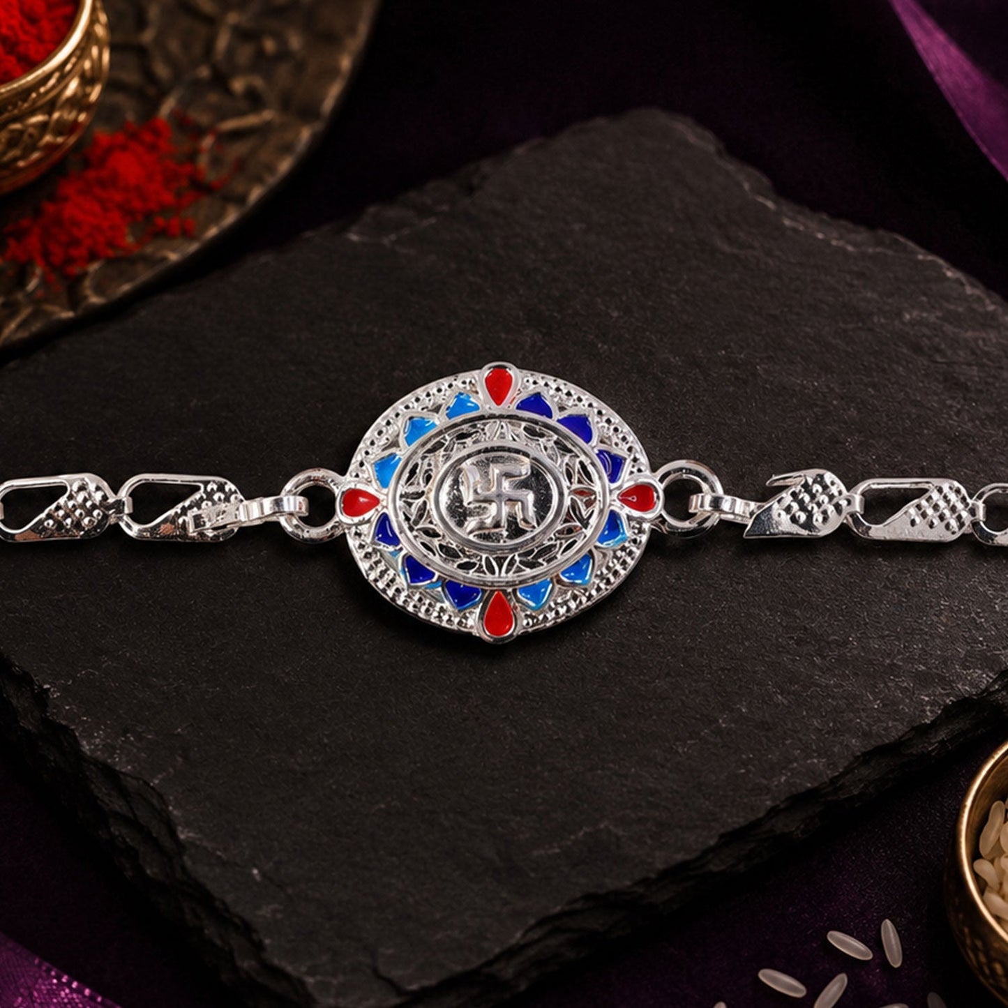 Divine Swastik Round Meenakari Stone-Studded Chain Rakhi for Brother
