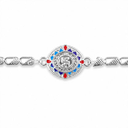 Divine Swastik Round Meenakari Stone-Studded Chain Rakhi for Brother