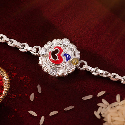 Divine Om Round Meenakari Stone-Studded Designer Chain Rakhi for Brother