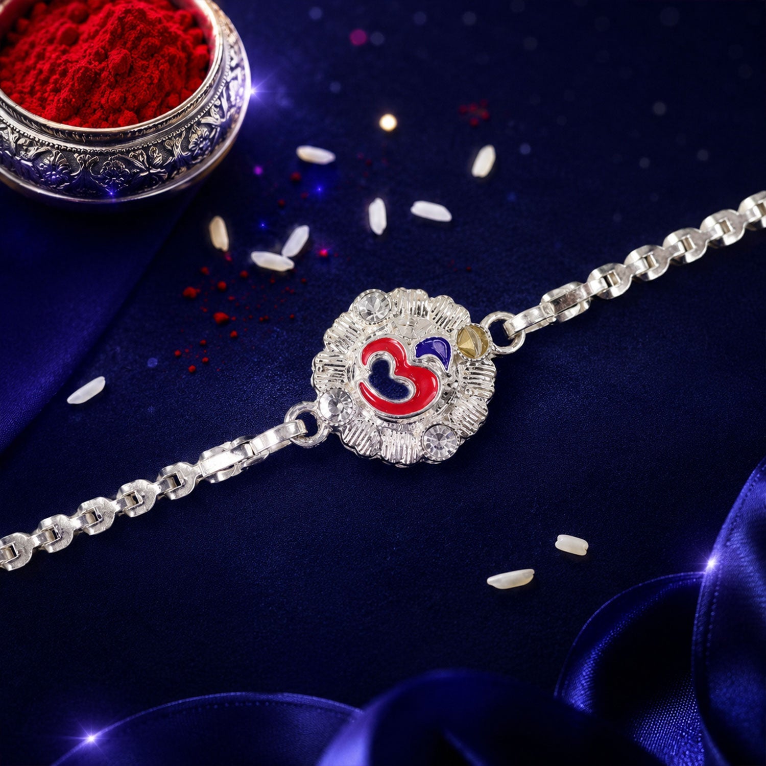 Divine Om Round Meenakari Stone-Studded Designer Chain Rakhi for Brother