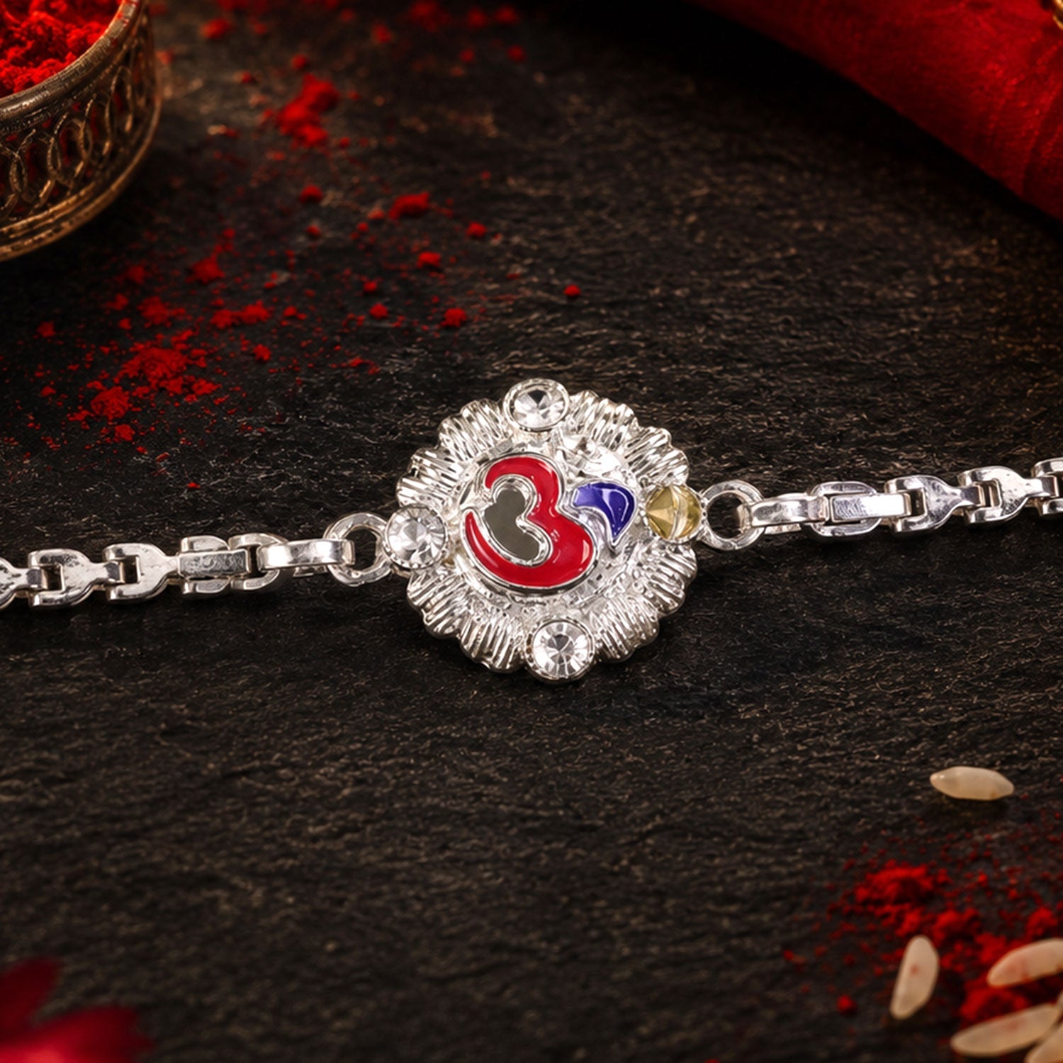 Divine Om Round Meenakari Stone-Studded Designer Chain Rakhi for Brother
