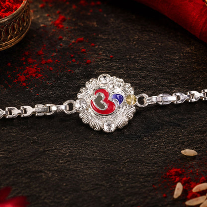 Divine Om Round Meenakari Stone-Studded Designer Chain Rakhi for Brother