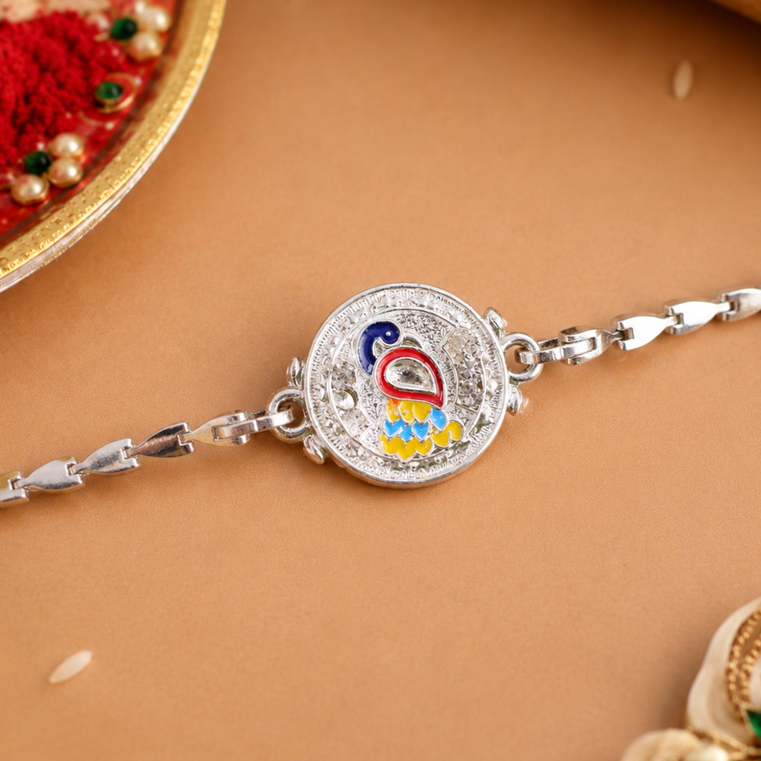 Peacock Meenakari Stone-Studded Designer Chain Rakhi for Brother
