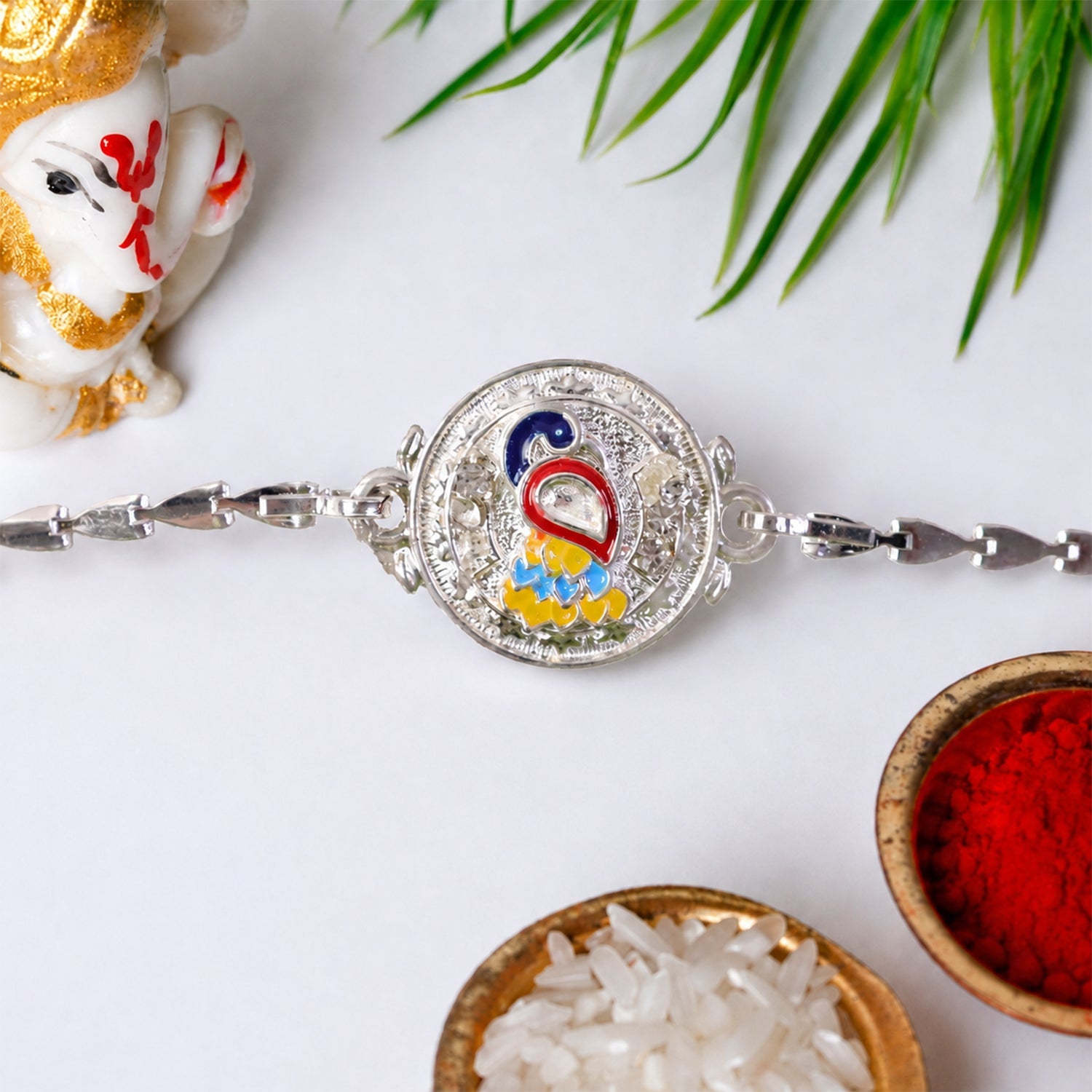 Peacock Meenakari Stone-Studded Designer Chain Rakhi for Brother
