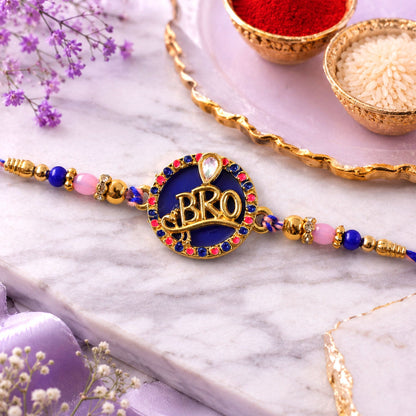 Bro Text Round Stone Studded Premium Designer Rakhi for Brother