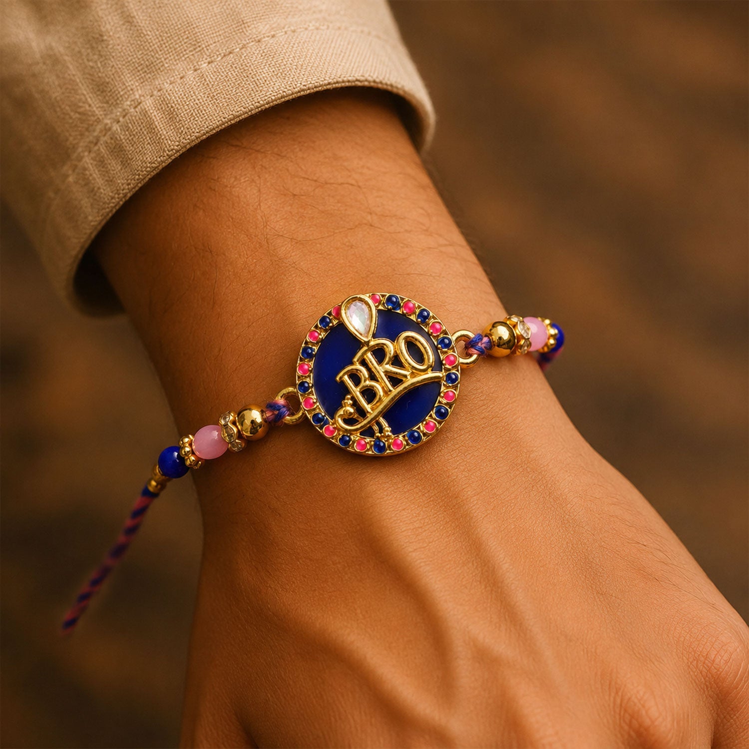 Bro Text Round Stone Studded Premium Designer Rakhi for Brother